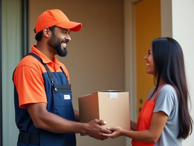 एक डिलीवरी बॉक्स के साथ एक डिलीवरी ड्राइवर खुशी से ग्राहक को पैकेज सौंप रहा है, जो तेजी से ई-कॉमर्स डिलीवरी को दर्शाता है।