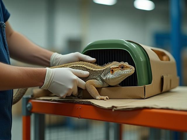 पिंजरे में एक विदेशी सरीसृप को ध्यान से पैकेजिंग कर रहे एक लॉजिस्टिक्स कर्मचारी, सुरक्षा और देखभाल पर प्रकाश डाल रहा है।